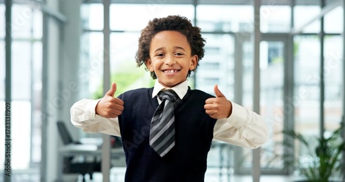 Business, portrait or child with thumbs up in office for hiring success, role play or job feedback. HR manager, african person or happy with yes sign for pretend performance review or vacancy support