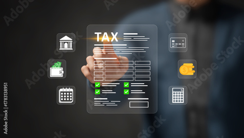 Online Tax Form, Tax Calculation, Compliance, Digital Forms, Income Reporting, Accounting Management, and Secure Tax Management. Person touching Tax return form on virtual screen. 3D illustration
