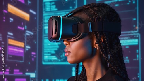 Virtual Reality Immersion: A person, engrossed in virtual reality, is depicted with VR goggles, the glow of the digital world reflected in their gaze. This image speaks to the immersive experience.