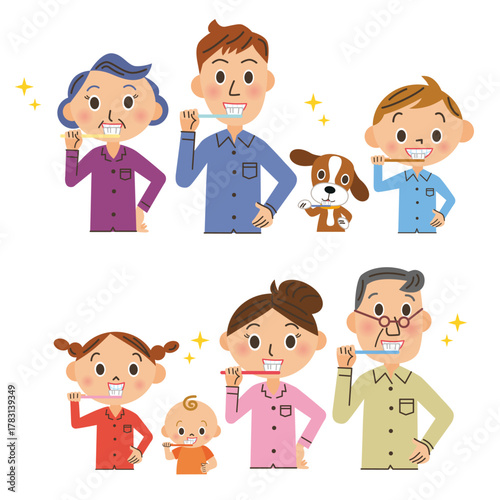 三世代家族が歯磨きをしているイラスト