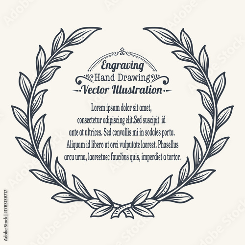 Hand Drawn Laurel Wreath Engraving Vector Illustration with Text Frame