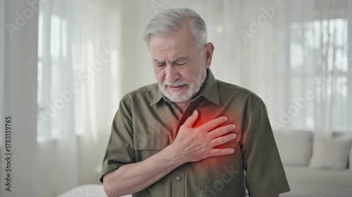 Pain and concern: A poignant image of an elderly man gripping his chest with a visible expression of physical distress, possibly indicating a health problem and vulnerability.