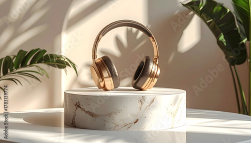 Elegant gold headphones rest on a marble pedestal, bathed in soft sunlight and lush greenery
