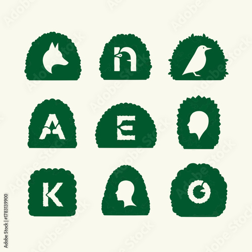 Vector silhouettes of various hedge shapes forming hidden icons