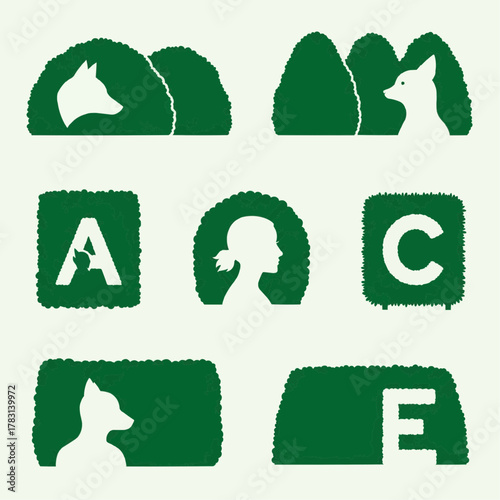 Vector silhouettes of various hedge shapes forming hidden icons