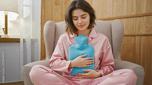 Serene Relief: A woman finds comfort in the embrace of a warm water bottle, offering gentle solace and soothing warmth.