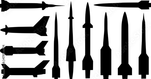 missiles, silhouette, black and white