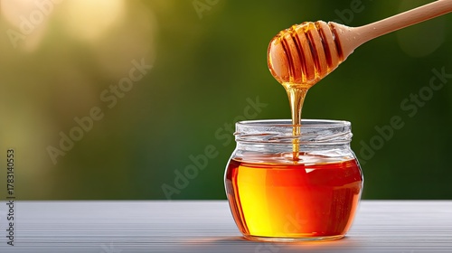 Golden Honey Pouring from Wooden Dipper into Glass Jar Outdoors with Soft Green Bokeh Background Natural Sunlight