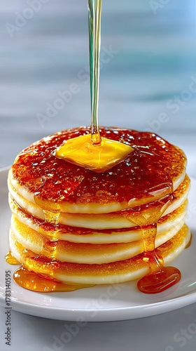 Golden Pancakes Stack with Butter and Maple Syrup Drizzle in Soft Morning Light