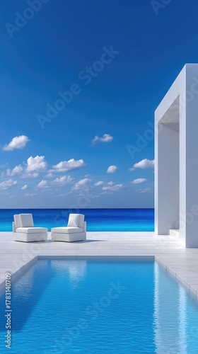 Luxury Infinity Pool Overlooking Ocean With White Modern Architecture and Two Chairs On A Sunny Day With Blue Sky And White Clouds