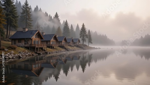 Serene lakeside cabins enveloped in morning mist, their tranquil reflections mirroring the surrounding evergreen forest on a calm and picturesque body of water