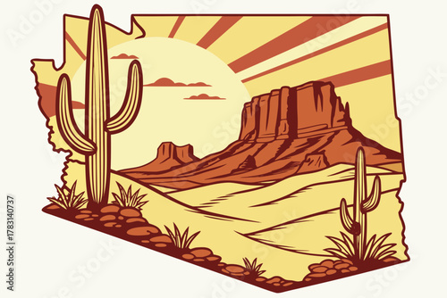 “Arizona state silhouette with desert, canyon, and cacti, warm vector”