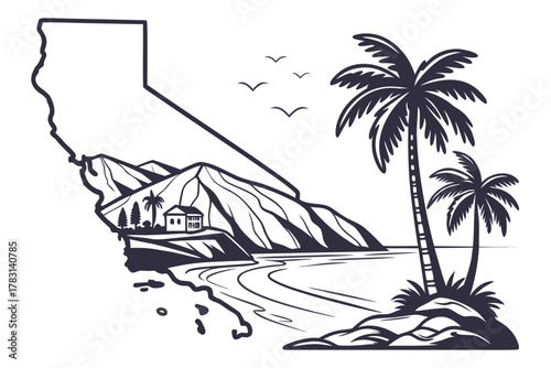 “California state silhouette with coast, mountains, and palms, minimalist vector”