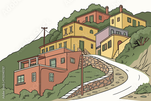 “Bisbee Arizona colorful hillside homes, artistic vector”