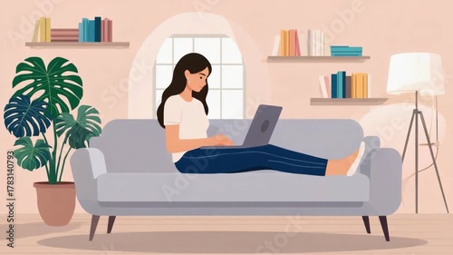 Digital Serenity: A woman at home engages with her laptop, creating a scene of relaxed focus within a cozy interior with bookshelf and potted plants.