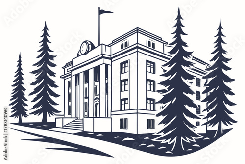 “Prescott Arizona courthouse and pine forest, clean vector”