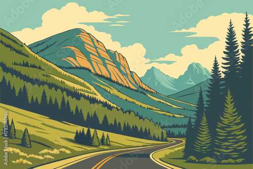 “Red Lodge Montana with Beartooth Highway, scenic vector”