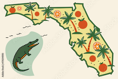 “Florida state map with beach, oranges, and gators, playful vector”