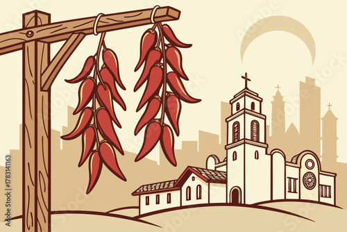 “Las Cruces chile peppers and skyline, warm vector”