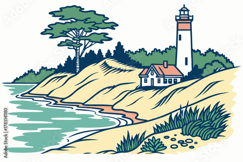 “Michigan state icons: lakes, dunes, and lighthouses, nautical vector”