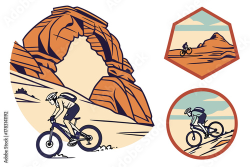 “Moab arches and biking icons, adventure vector”