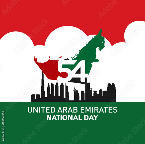 54 National Day of United Arab Emirates. Text Arabic Translation: Union Day (Eid Al Etihad). December 2. Vector Logo.	