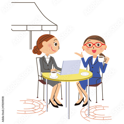 女性会社員が屋外のカフェでコーヒーを飲んで仕事の打ち合わせをしている