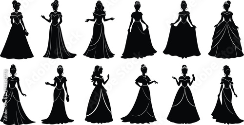 Ball gown silhouette set, elegant woman vector, formal dress icons, fashion pose illustration, editable flat design, black isolated elements