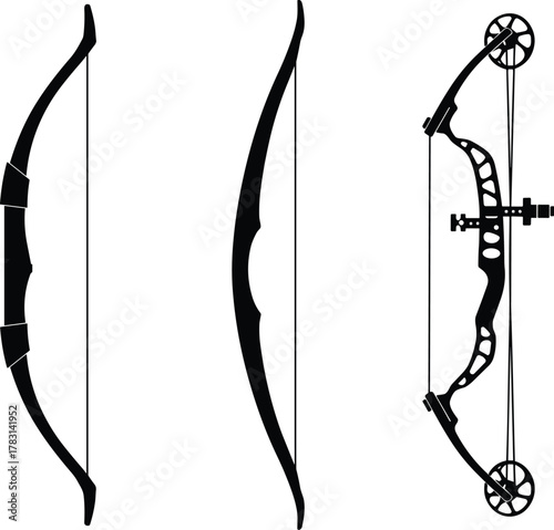 Archery bow silhouette set, recurve longbow compound vector, hunting gear icons, editable flat illustration, black isolated design elements