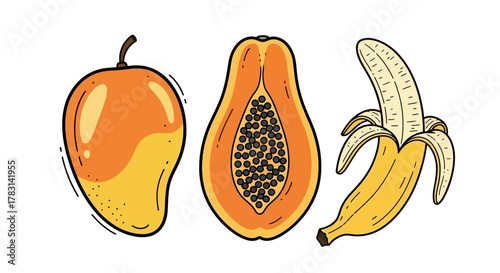 Vibrant and fresh mango, sliced papaya, and peeled banana artfully arranged for a healthy, tropical, and delicious presentation