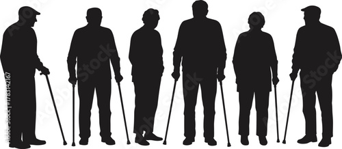 Elderly people silhouette, senior walking cane vector, aging mobility icon, old person illustration, flat editable design, isolated elements