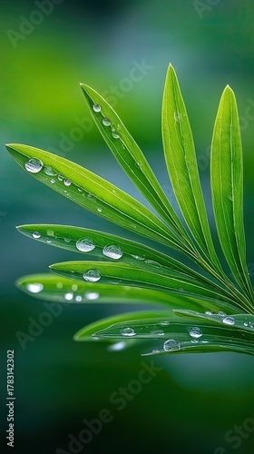 Vibrant Green Forest Leaves Adorned With Crystal Clear Water Droplets After Rainfall Soft Natural Light Illuminates Delicate Leaf Veins