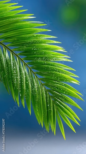 Vibrant Green Palm Frond Macro With Water Droplets Against A Soft Blue OutOfFocus Background In Natural Sunlight