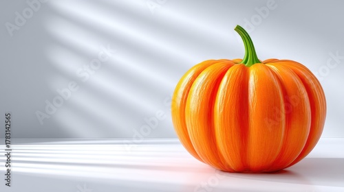 Vibrant orange pumpkin with textured rind and green stem sits on a white surface with dramatic light and shadow patterns cast on a soft gray background