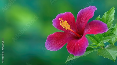 Vibrant Pink Hibiscus Flower With Yellow Center Covered In Dew Drops On A Green Blurred Background Macro Shot Detailed Petals