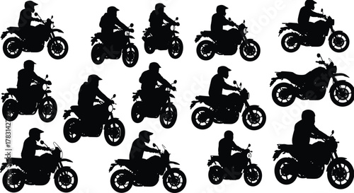 Motorcycle rider silhouette, helmet biker vector, motorbike icon set, racing posture illustration, editable flat design, isolated black elements