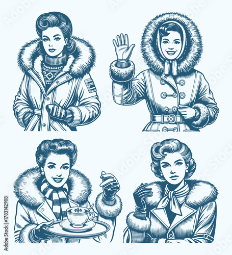 Vintage Housewife Wearing Winter Dress Vector Illustration