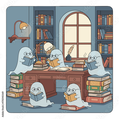 Charming little ghosts gathered in a cozy library setting reading books amidst stacks of colorful volumes with warm lamp light illuminating the scene a delightful illustration of studious spirits