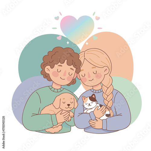 Couple Cuddling Pets Dog And Cat With Pastel Heart Above Their Heads Gentle Connection And Love In A Soft Flat Design Illustration