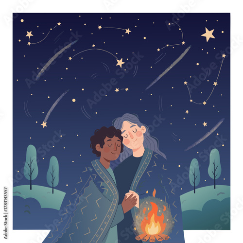 Couple Embraces Under Starry Night Sky With Shooting Stars And Campfire Outdoors In Nature Illustration Style