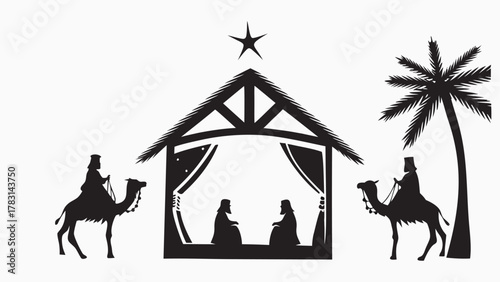 Elegant nativity scene celebrates Christian Christmas with three wise men silhouette for holiday cards