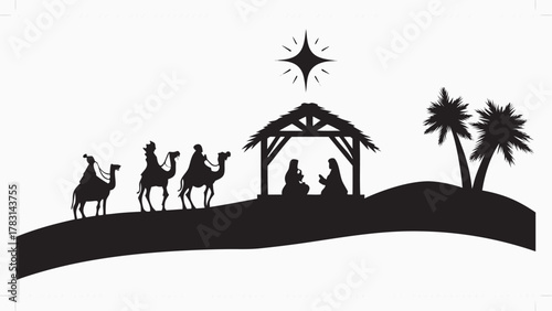 Three wise men travel by camel to Bethlehem with the Christmas star shining above the stable