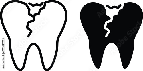 Cracked Broken Tooth Icon. Dental Fracture, Damage, and Emergency Repair or Vector Silhouette and Pictogram..eps