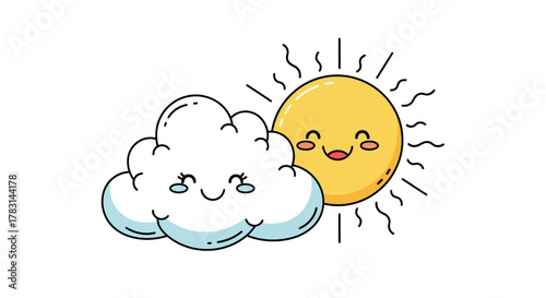 Joyful sun peeking from behind a happy fluffy cloud, bringing bright cheerful weather and sunny smiles to your day