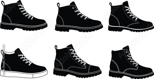 Stylish men and women lace-up ankle boots collection, trendy outdoor footwear silhouette illustration for fashion, hiking, and casual wear