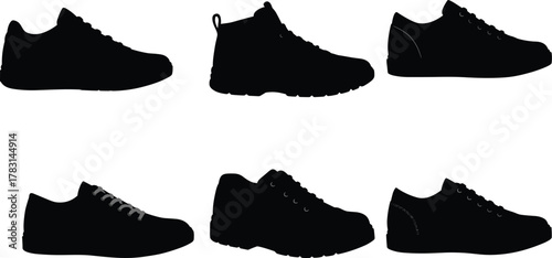 Modern sport sneakers and running shoes silhouette collection, athletic footwear design for men and women fitness, gym, and outdoor training