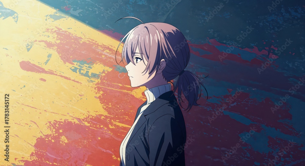 Obraz premium Profile of contemplation: A young woman's portrait, bathed in light and introspection. She looks off towards a horizon, reflecting a sense of peace and deep thought, against an artistic backdrop.