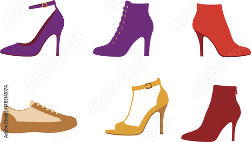 Fashionable women shoe collection with high heels, ankle boots, and sneakers in colorful modern design illustration for footwear fashion