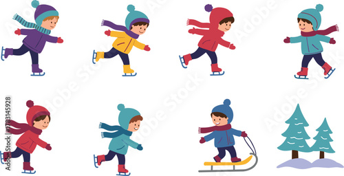 Cartoon children winter fun, ice skating, sled riding, colorful clothes, hats, gloves, scarves, snow trees, movement, cheerful play