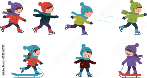 Children winter activities, ice skating, sledding fun, cartoon kids, snow clothes, boots, hats, scarves, gloves, outdoor play, cheerful